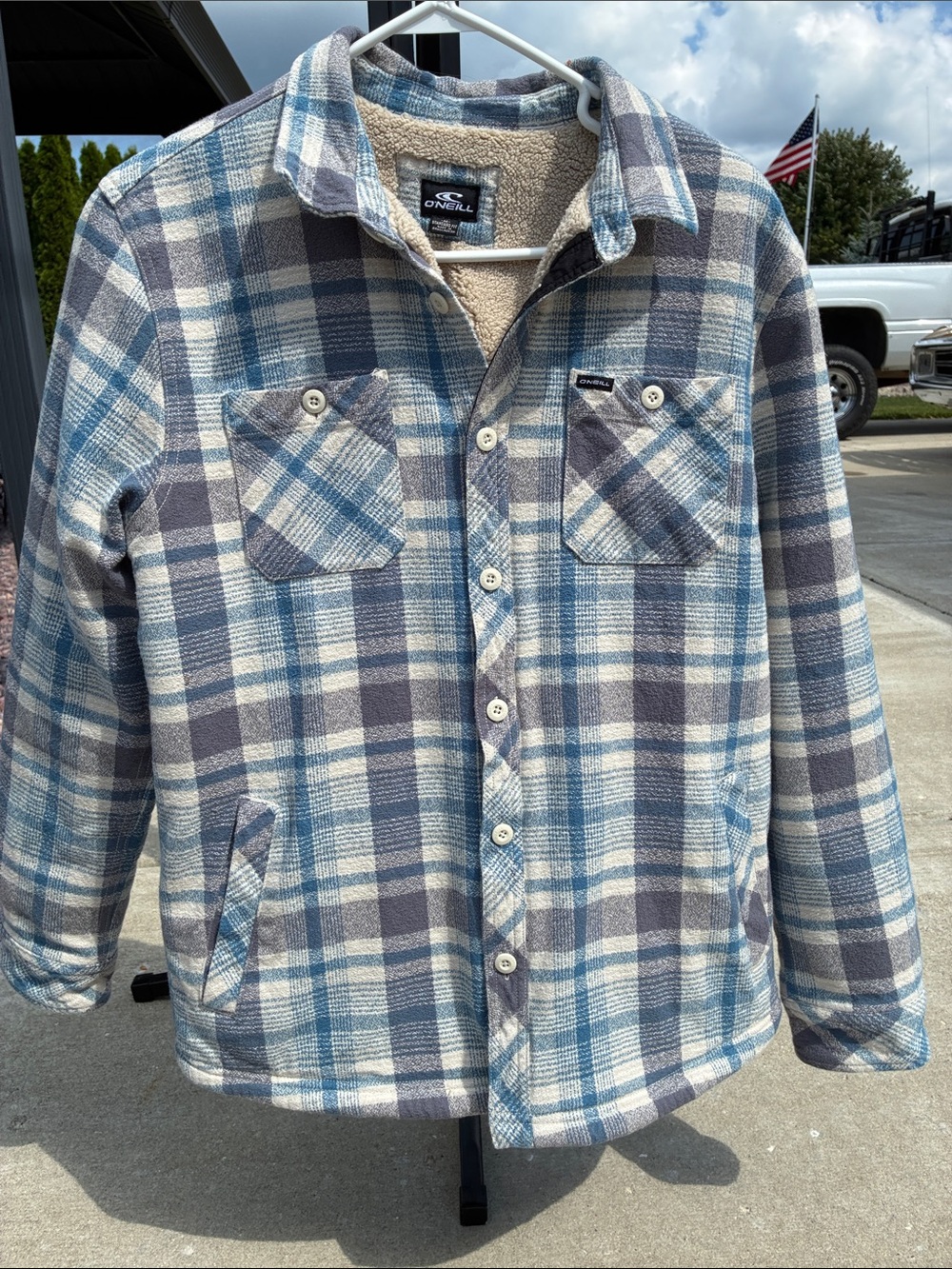 O'Neill Men's Blue & Gray Plaid Sherpa-Lined Shirt Jacket